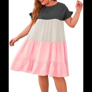 Womens Plus Size Dress - Ruffle Short Sleeve Crewneck Color Block Loose Summer